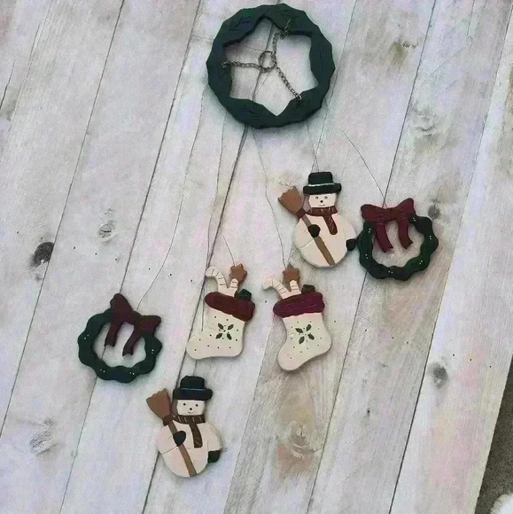 Vintage Wooden Christmas Wind Chimes Snowman Wreath Stockings 1994 Decorations - Picture 1 of 8